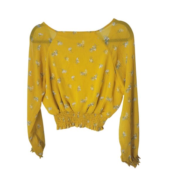 Blue Rain Womens Sz L Yellow Floral Long Sleeve Crop Top Blouse - Picture 11 of 11